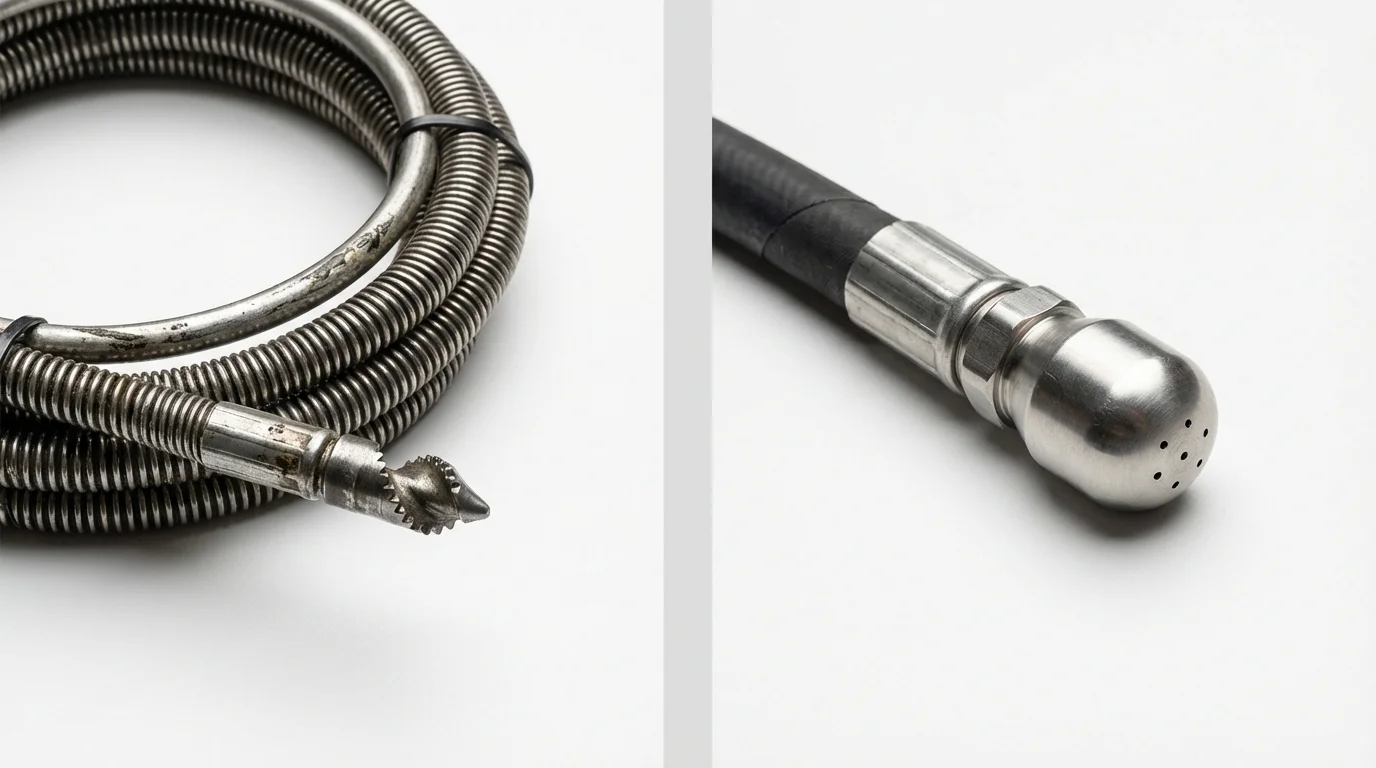 Drain snake cable and hydro jetting nozzle used for drain cleaning in Cranford, NJ