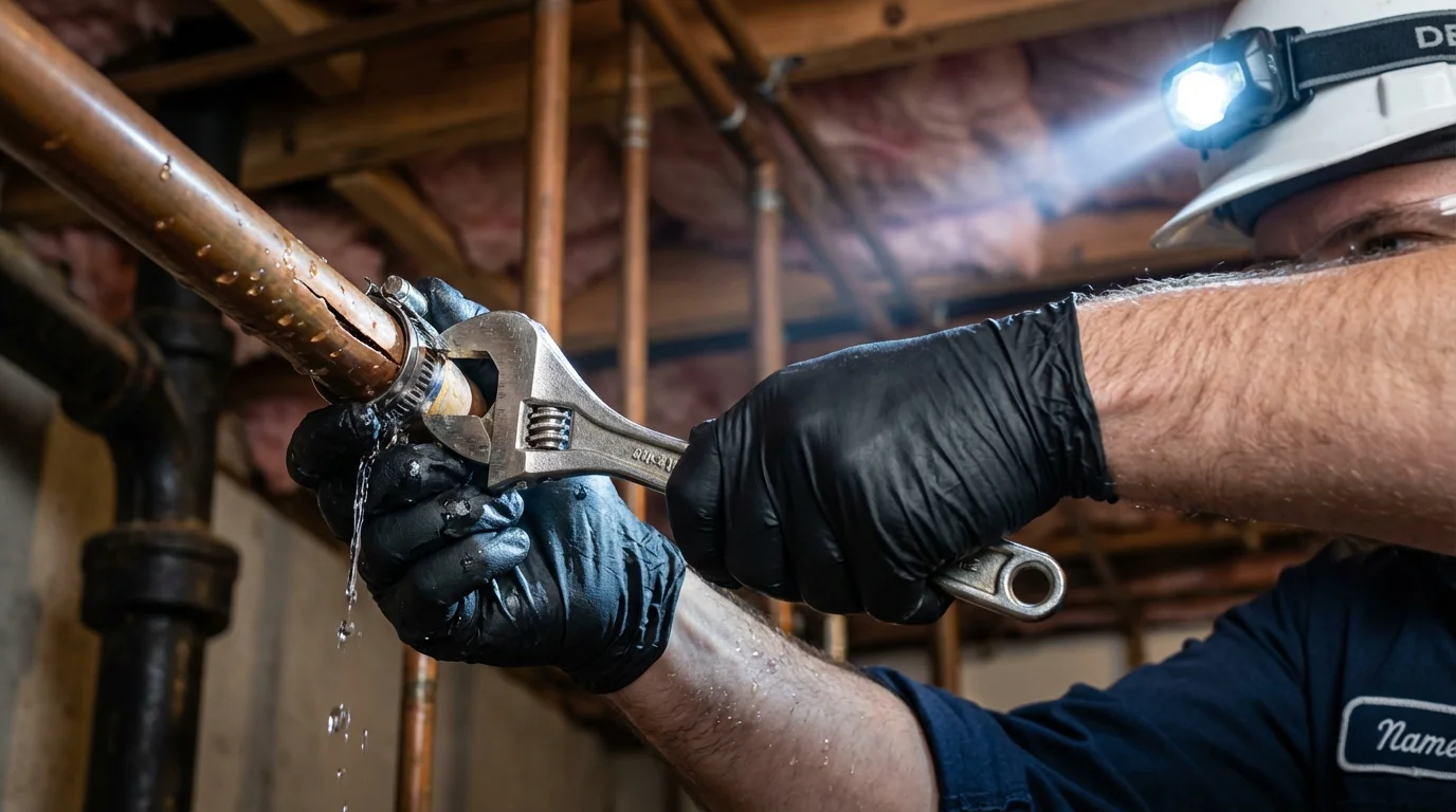 Emergency pipe clamp repair being performed by a Johns Plumbing LLC plumber in Cranford